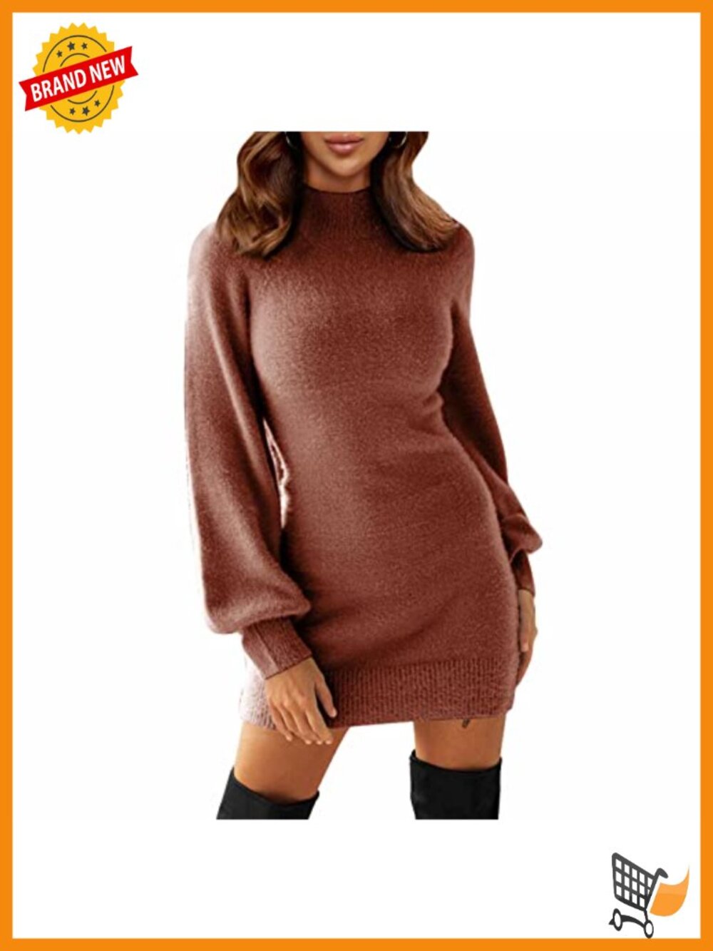 Women Long Puff Sleeve Mock Neck Bodycon Sweater Dress Mini Winter